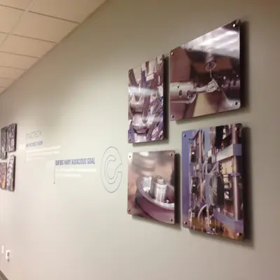Acrylic lobby panel mounted on polished standoff hardware (example 6)