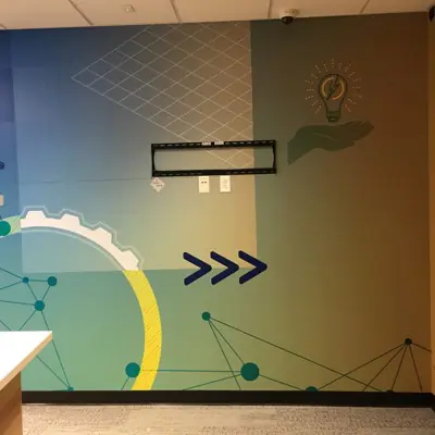 Printed wall mural covering an interior wall (example 4)