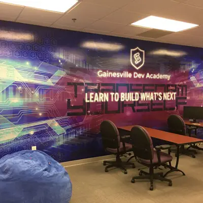 Printed wall mural covering an interior wall (example 7)