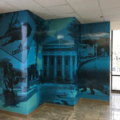 Printed wall mural covering an interior wall (example 8)